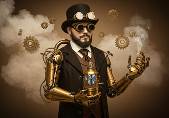 A dapper gentleman in Victorian-era clothing with brass goggles and mechanical arm attachments, holding an ornate steam-powered mosquito elimination device, surrounded by floating gears and soft steam