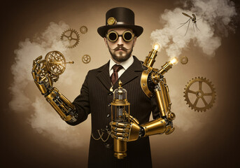 A dapper gentleman in Victorian-era clothing with brass goggles and mechanical arm attachments, holding an ornate steam-powered mosquito elimination device, surrounded by floating gears and soft steam