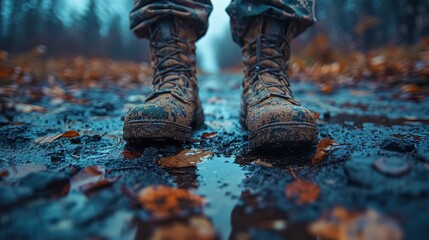 A pair of worn boots stand firmly on a muddy, leaf-strewn path, symbolizing resilience and the journey through life's unpredictable and often challenging terrains in autumn.