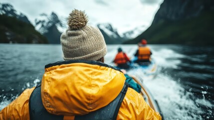 A group of adventurers in brightly colored attire, riding kayaks on tranquil waters, surrounded by majestic mountains, embodying the spirit of exploration and teamwork in nature.