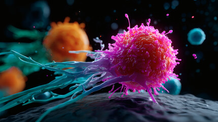 Obraz premium A vibrant 3D rendering of a cancer cell with extended filopodia interacting with its environment, showcasing cellular structure and activity.
