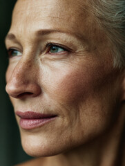 Fototapeta premium Side view close-up of mature woman with natural skin in soft light.