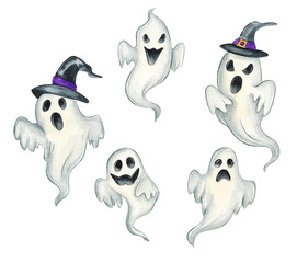 Collection of playful and spooky ghost illustrations with hats perfect for Halloween decorations