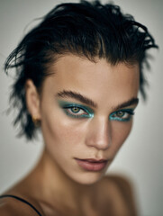Naklejka premium Close-up portrait of young woman with bold blue eye makeup.