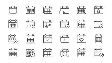 Collection of calendar icons showing various days and events in a simple line art style design graphic