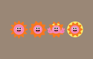 Four Sun Cartoon Characters with Pink Faces and Orange Rays on a Brown Background