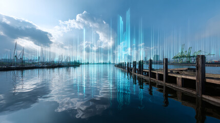Fototapeta premium A calm harbor scene with boats and docks under a bright sky, enhanced by futuristic blue light beams rising from the water, blending nature and digital technology.