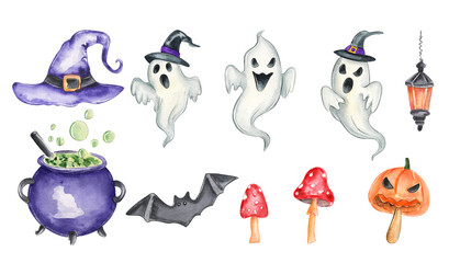 Colorful Halloween themed illustrations featuring a witch hat, ghost, bat, pumpkin, and cauldron among other decorations