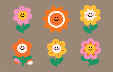 Fototapeta premium Cute Retro Flowers and Sun with Smiling Faces in Pink Orange and Yellow Colors