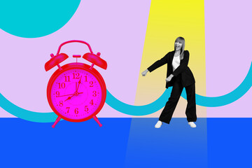 Contemporary art pop image collage of happy business girl guy stand deadline clock expire limit...