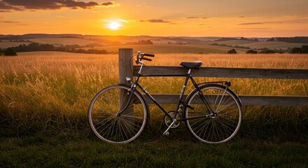 Obraz premium Bicycle by Fence in Golden Sunset Field