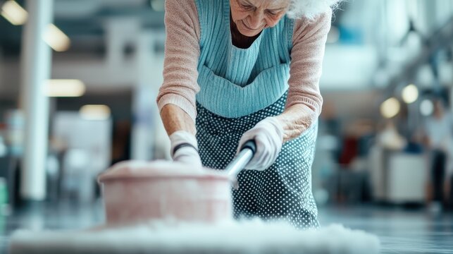 An elderly woman meticulously cleans a floor, demonstrating dedication and love for her environment, highlighting the beauty in everyday tasks and the value of hard work and care.
