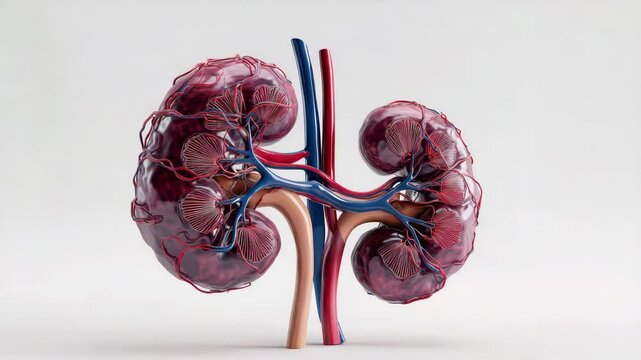 Menschliche Niere als realistisches medizinisches Modell isoliert auf wei&szlig;em Hintergrund. K&uuml;nstliche Intelligenz KI