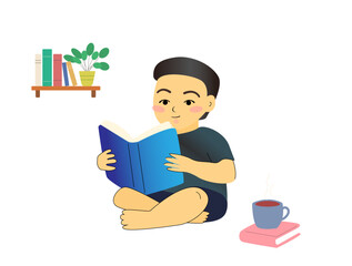 Cute little boy reading book sitting on floor. near cup coffee or tea on book. vector illustration isolated on white.