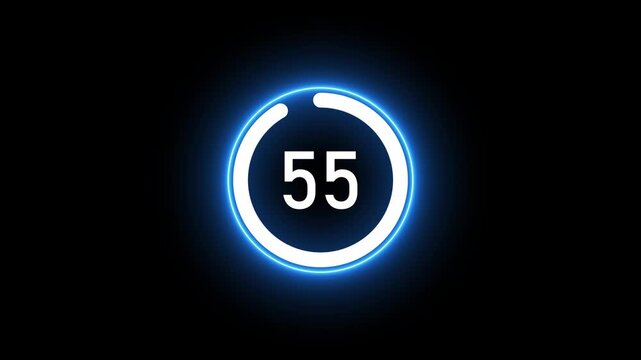 Real time 60 seconds countdown clock neon animation isolated on black background