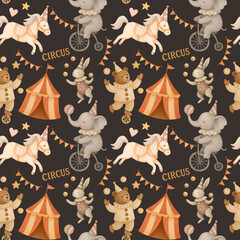 Seamless children's pattern with illustrations of cute watercolor Circus Animals on dark background. Kids circus watercolour ornament with seam  for design, fabric, and packaging, wrapping, wallpaper