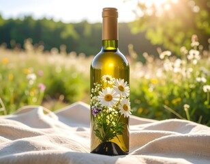 Wine Bottle with Flowers in Meadow