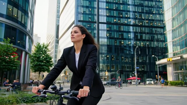 A determined young adult woman in professional attire cycles to work past contemporary office buildings. This eco-friendly commute symbolizes a modern, sustainable, and successful urban lifestyle.