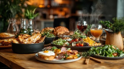 An appetizing display of gourmet dishes on a wooden table, featuring various colorful foods, beverages, and greens, showcasing culinary creativity and delicious flavors invite indulgence.