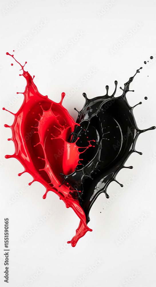 Poster red and black paint splashes forming heart shape, dynamic composition, symbolic of contrasting force