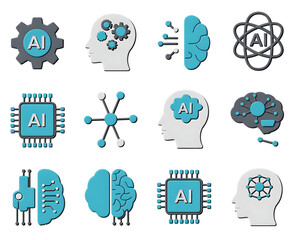 Collection of artificial intelligence icons depicting machine learning and futuristic technologies
