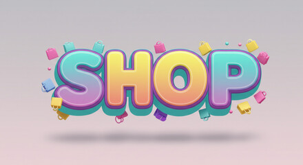 Colorful 3D Shop Text with Pastel Shopping Bags