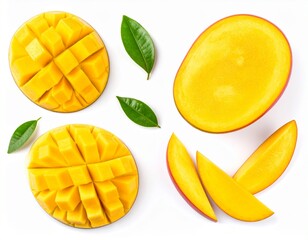 Fototapeta premium Slices of juicy mango, showcasing its beautiful color and succulent texture, ideal for food photography, recipes, or conveying a refreshing vibe, mango in white background