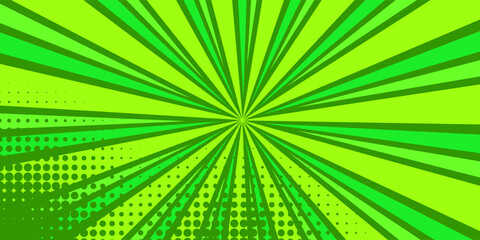 Fototapeta premium Comic green abstract background with beams radial and halftone effects, empty green comic style zoom lines background, Superhero comic book poster background with halftone print effect.
