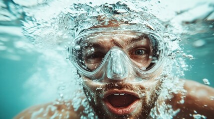 Fototapeta premium An excited man wearing a diving mask expresses joy underwater, surrounded by vibrant aquatic life, showcasing the thrill and beauty of exploring the ocean depths.