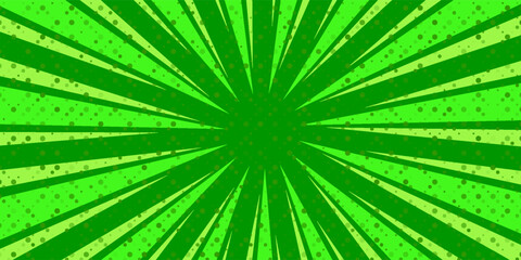 Obraz premium Comic green abstract background with beams radial and halftone effects, empty green comic style zoom lines background, Superhero comic book poster background with halftone print effect.