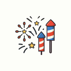 Two cartoon fireworks rockets with stars in USA flag colors, perfect for July 4 holiday graphics, party flyers, social media posts, and celebration decor