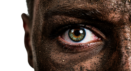 A dramatic close-up captures an intense eye, coated in mud, conveying raw emotion.