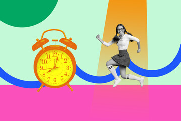 Contemporary art pop image collage of happy business girl guy stand deadline clock expire limit countdown timepiece regime