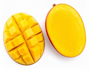 Fototapeta premium Slices of juicy mango, showcasing its beautiful color and succulent texture, ideal for food photography, recipes, or conveying a refreshing vibe, mango in white background