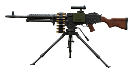 A detailed image of a heavy machine gun with ammunition and a tripod setup, ready for action.