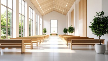 Fototapeta premium Modern Wooden Chapel Interior Design Sunlit Sanctuary with Rows of Benches and Large Windows