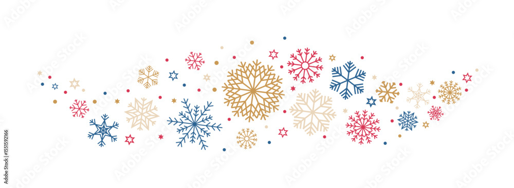Poster christmas garland with snowflakes and sparkles stars in gold, red, blue color. snowflakes border in 
