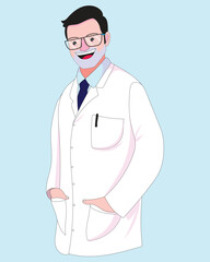Cheerful male doctor vector in flat illustration style with glasses and white coat. Perfect for healthcare visuals, clinic websites, educational design, and modern hospital branding.