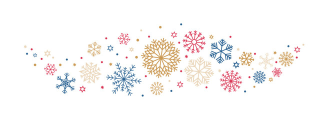 Christmas garland with snowflakes and sparkles stars in gold, red, blue color. Snowflakes border in wave shape isolated on transparent background. Golden snowflakes and stars banner. Vector 