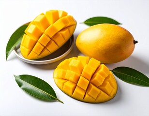 Slices of juicy mango, showcasing its beautiful color and succulent texture, ideal for food photography, recipes, or conveying a refreshing vibe, mango in white background