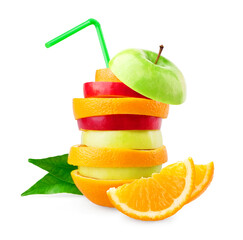 Mixed fruit slices on white background. Orange and apple