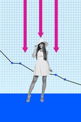 Banner 3d poster image photo collage of inexperienced businesswoman businessman stand arrow decline...