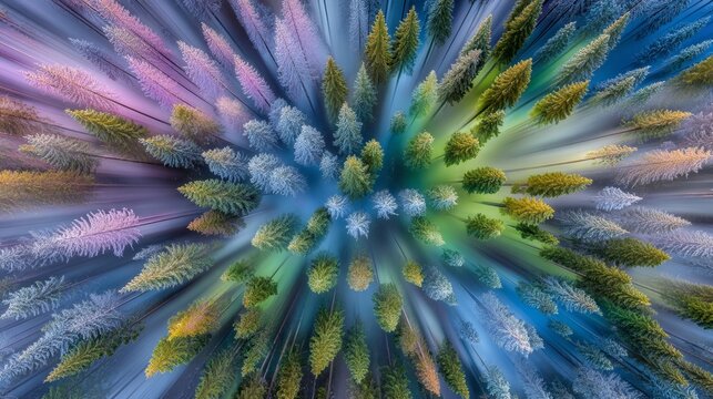 The misty forest sunrise is characterized by sunlight beams that penetrate dense evergreen trees