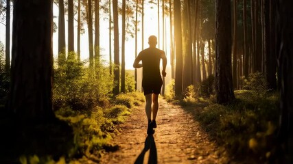 Man running on dirt path through a serene forest during golden hour light, outdoor fitness and exercise in a natural environment. - Powered by Adobe