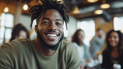 Fototapeta premium A joyful young man with a stylish hairstyle smiles brightly in a casual coffee shop, showcasing the warmth of friendship and the ambiance of a lively gathering.