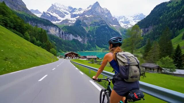  Rear view of an athletic young woman in a helmet riding her bicycle on an empty road. She travels through a beautiful mountain landscape with green hills, waterfalls, and a pristine alpine lake. 