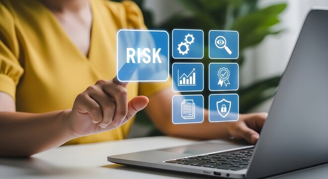 Business woman managing digital risk interface on laptop screen for corporate strategy