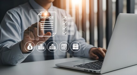 Invoice Management Interface with Business Man | Virtual Invoice Document, Checklist, and Finance Icons for Accounting Software and Online Billing Solutions