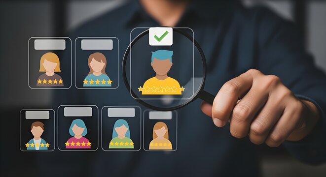 Candidate Selection with Magnifying Glass and Checkmark | Recruitment Process, Hiring and Job Search Concept for Human Resources and Talent Acquisition