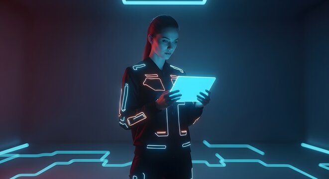 Serious futuristic woman using glowing digital tablet in dark neon cyber environment